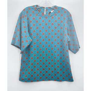 Vintage Evan Picone Blouse Womens  Teal  Geometric Bright Pattern Diamonds Sz 10